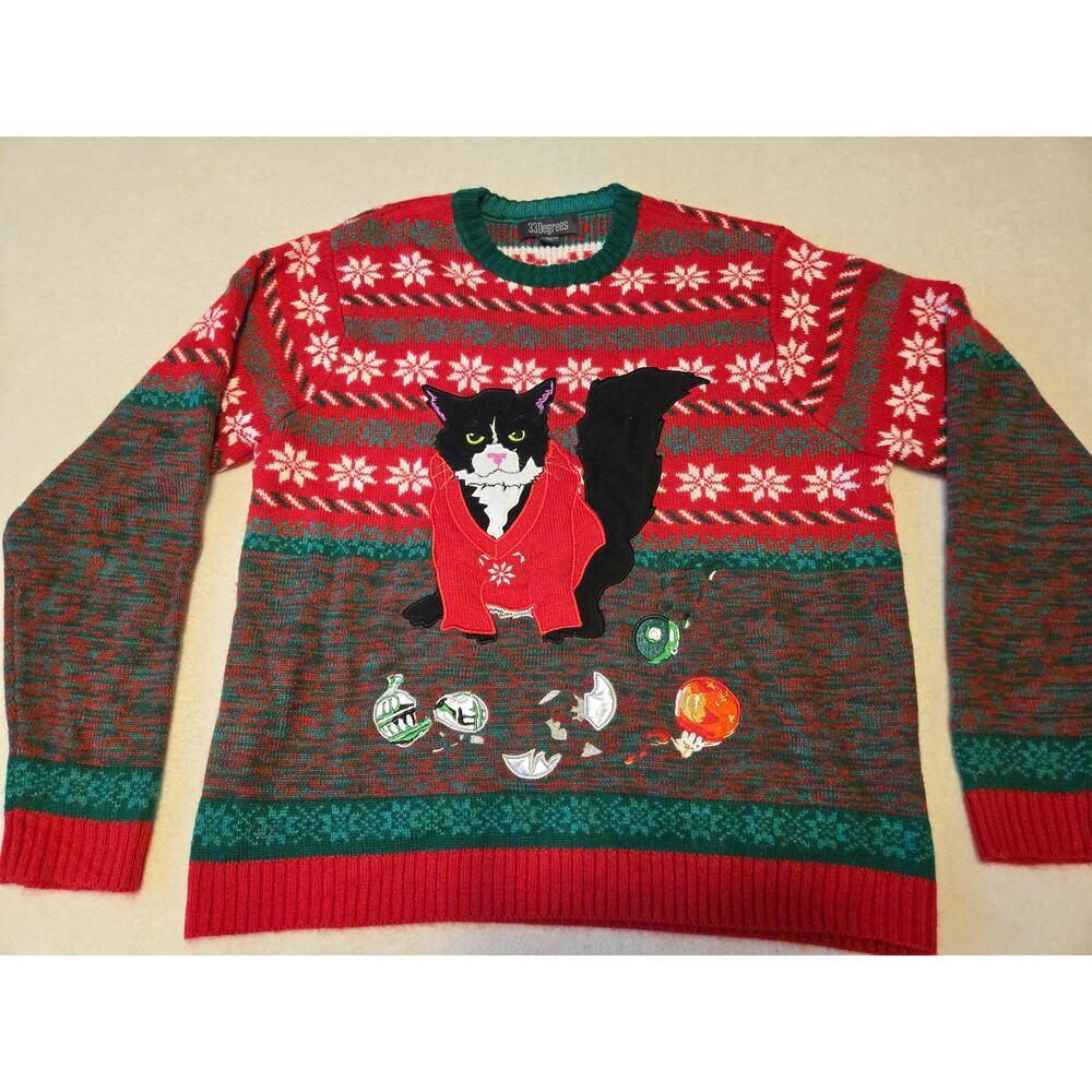 Sz XL 33 DEGREES Men's Green Red Crabby Christmas Cat Ugly Long Slv Sweater